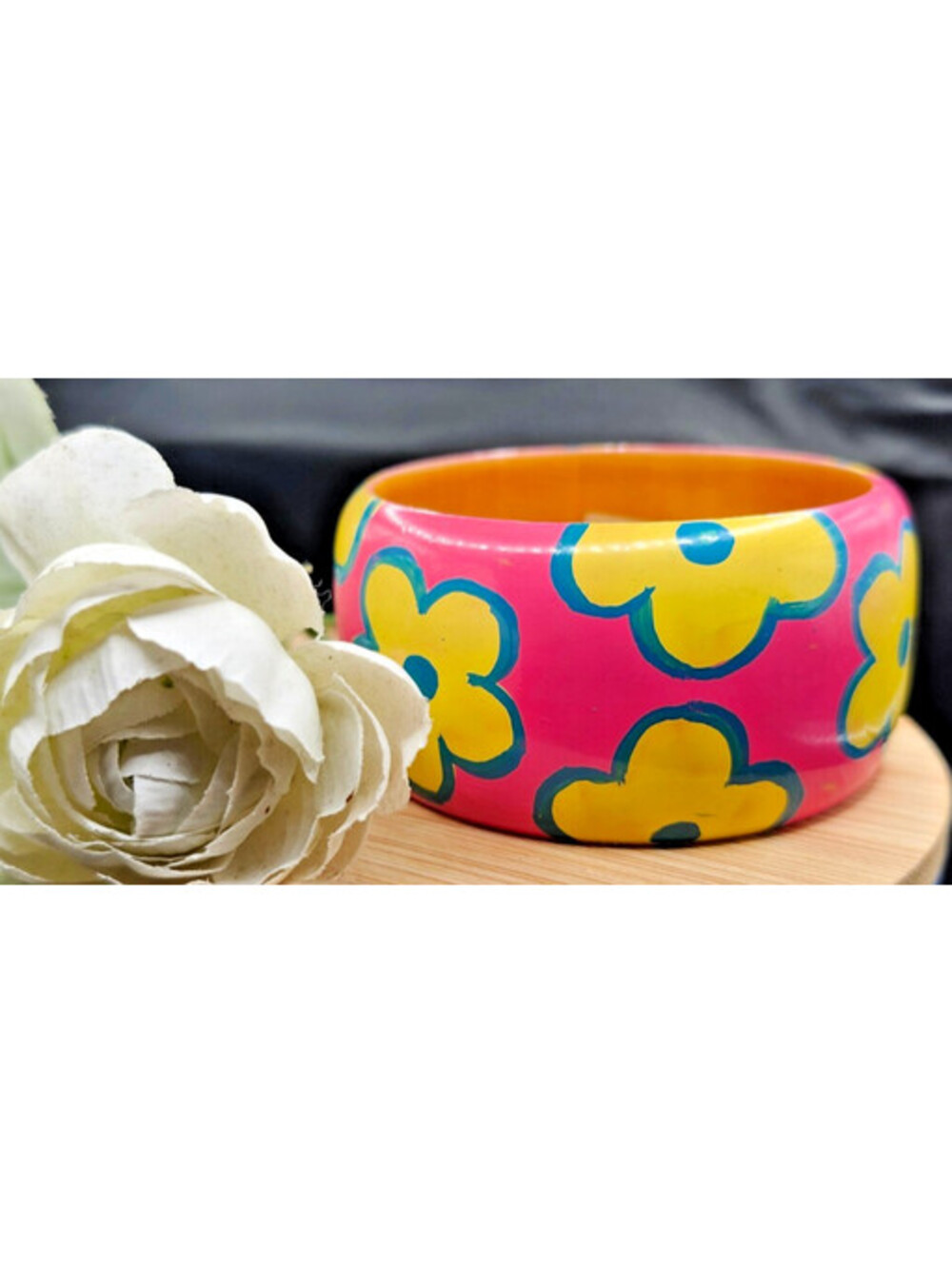 Vintage Sanghvi Painted Wood Bangle Bracelet Bloomingdales 70s Boho Floral India